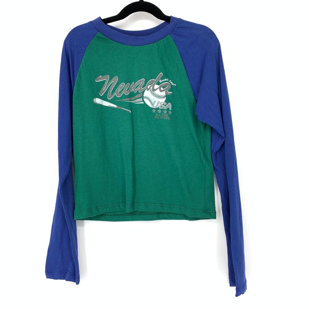 Topshop Women's Size 8 Nevada Long Sleeve Top T Shirt Round Neck Green/Blue